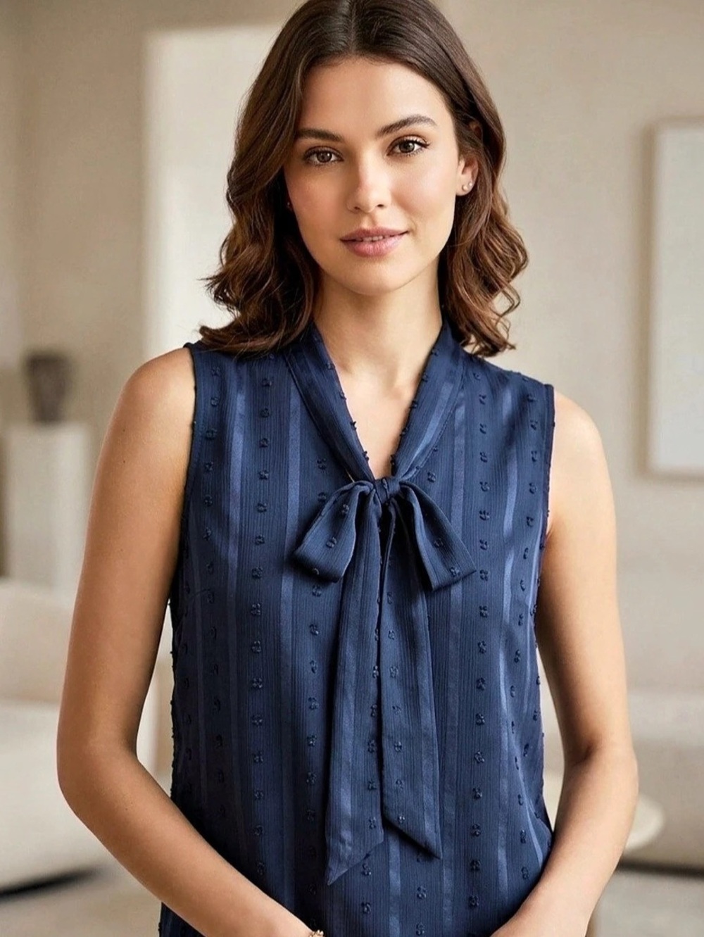 Blue Sleeveless Bow-Neck Blouse Like New